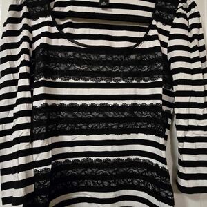 White House Black Market Black and White Striped Lace-Trim Long Sleeve Top